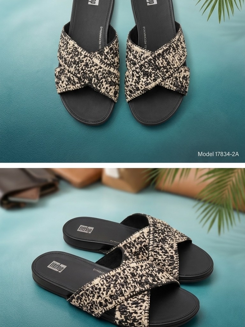 FitFlop Black & Cream Woven Cross-Strap Slides‎